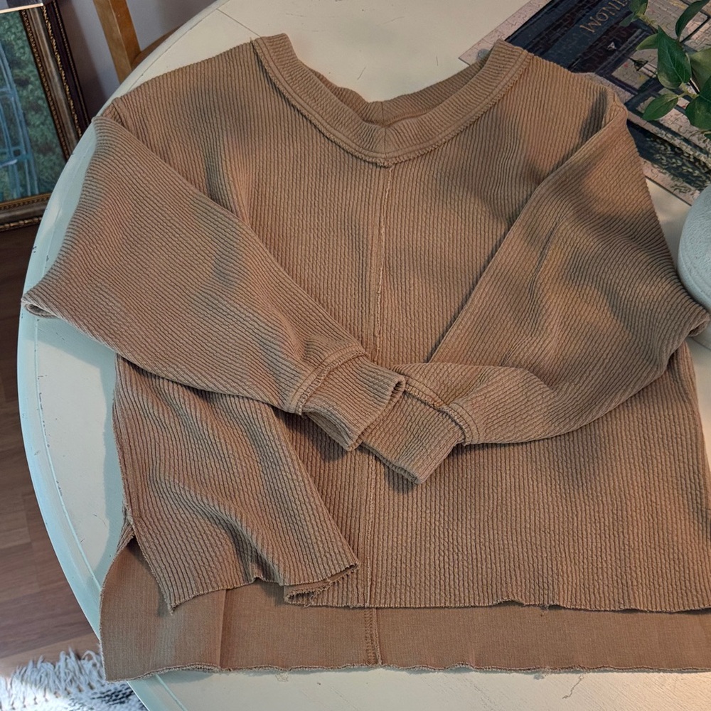 Aerie Ribbed Tan Crew Neck Sweater